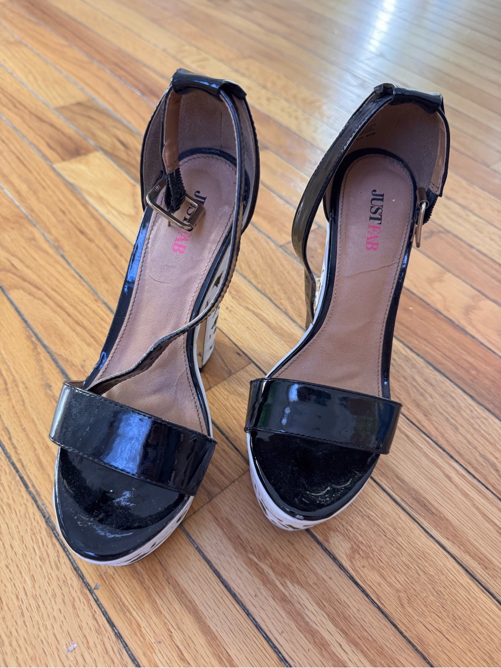 JustFab Black Patent Open Toe Ankle Strap Floral Block Heels